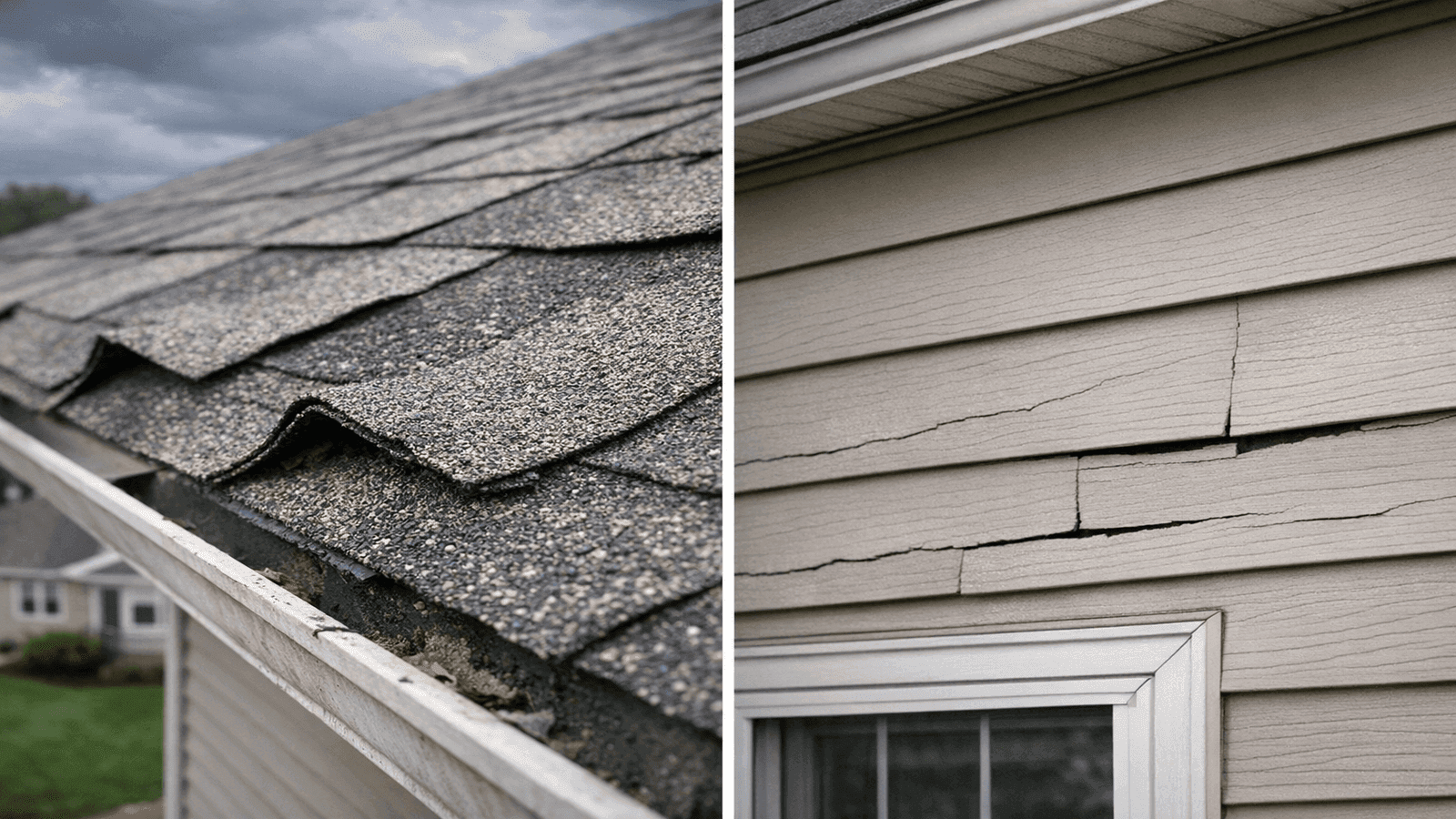 Side-by-side aerial view of a residential home showing damaged asphalt shingles on the roof and faded cracked vinyl siding on the exterior walls, illustrating the roof vs siding replacement decision