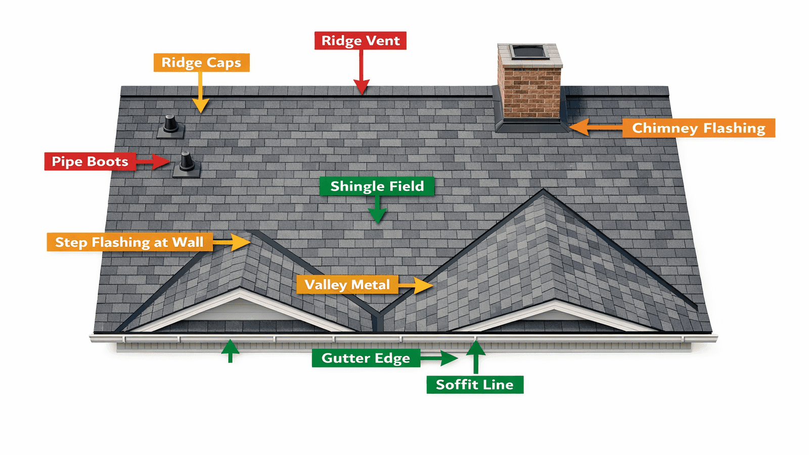Overhead annotated diagram of residential roof showing all inspection checkpoints including ridge caps, pipe boots, step flashing, valley metal, and gutter edge