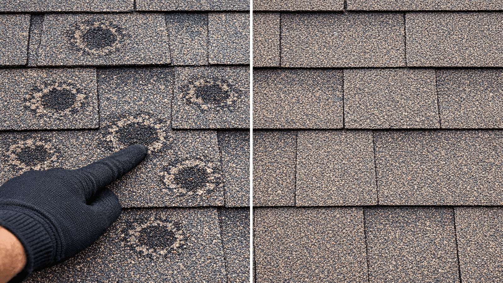 Close-up comparison of asphalt shingles showing circular hail impact bruise marks with granule displacement on the left versus undamaged shingles with uniform granule coverage on the right
