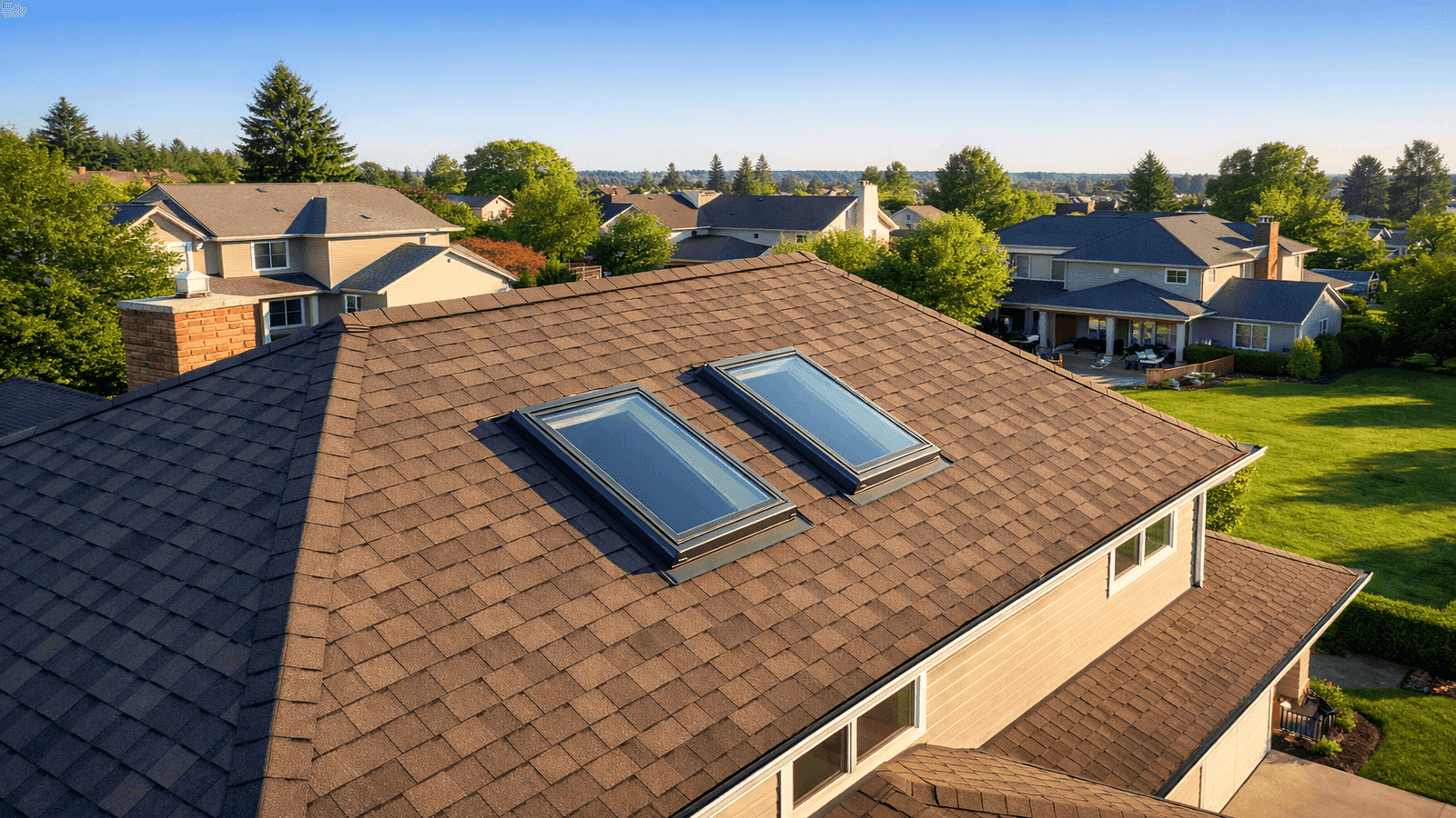 Aerial view of a suburban home with two installed skylights on an asphalt shingle roof in morning light