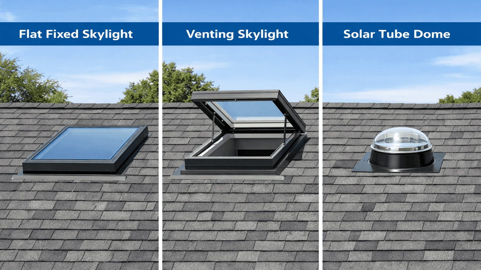 Side-by-side comparison of fixed skylight, venting skylight, and tubular solar tube installed on residential roof sections