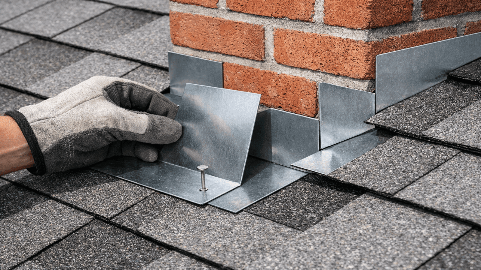 Close-up of L-shaped step flashing pieces interwoven with asphalt shingles along the side of a brick chimney during installation