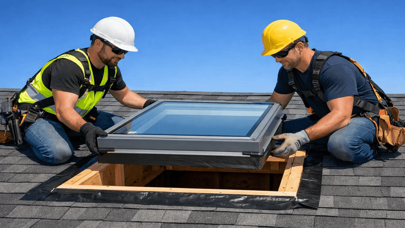Two professional roofers lowering a skylight unit into a framed rough opening on a residential asphalt shingle roof