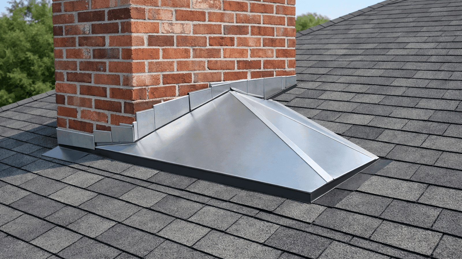 Chimney cricket saddle installed on the upslope high side of a wide brick chimney with sheet metal flashing and counter flashing at the chimney face