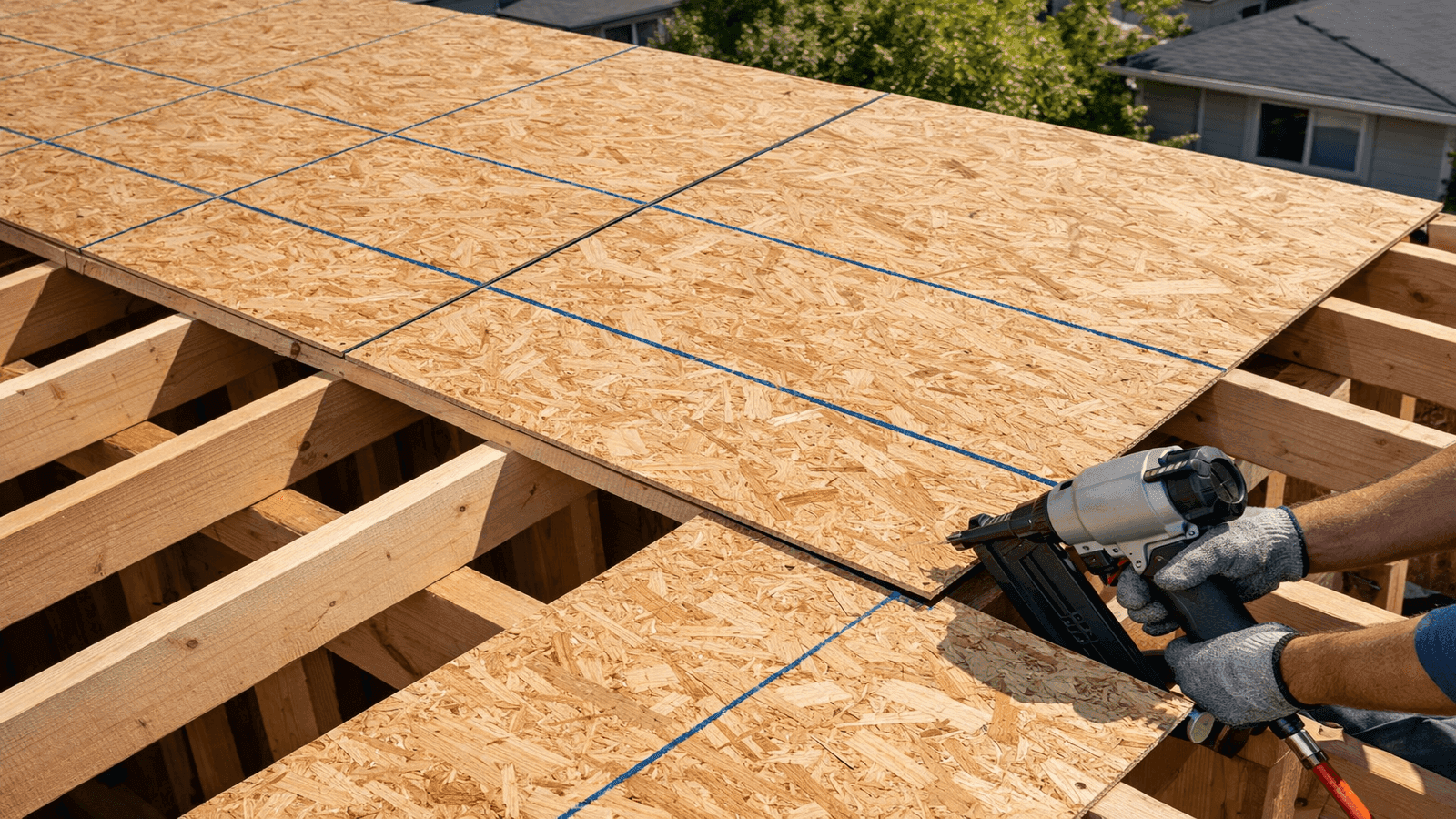 OSB roof decking panels being installed across exposed rafters on a residential roof with chalk nailing lines visible and a contractor fastening the leading edge with a pneumatic nailer.