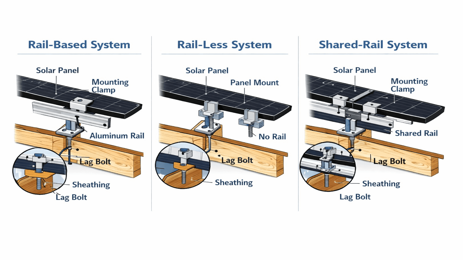 Side-by-side cross-section technical diagram comparing rail-based, rail-less, and shared-rail solar mounting systems, showing panel, clamps, standoff feet, lag bolts, and rafter connections for each configuration.