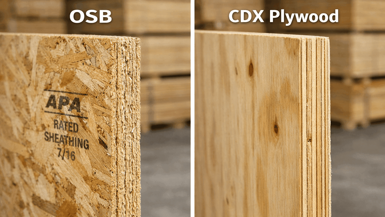 Side-by-side comparison of a 7/16-inch OSB sheet showing its compressed strand composition on the left and a 1/2-inch CDX plywood sheet showing its layered veneer construction on the right, both with APA stamps visible.