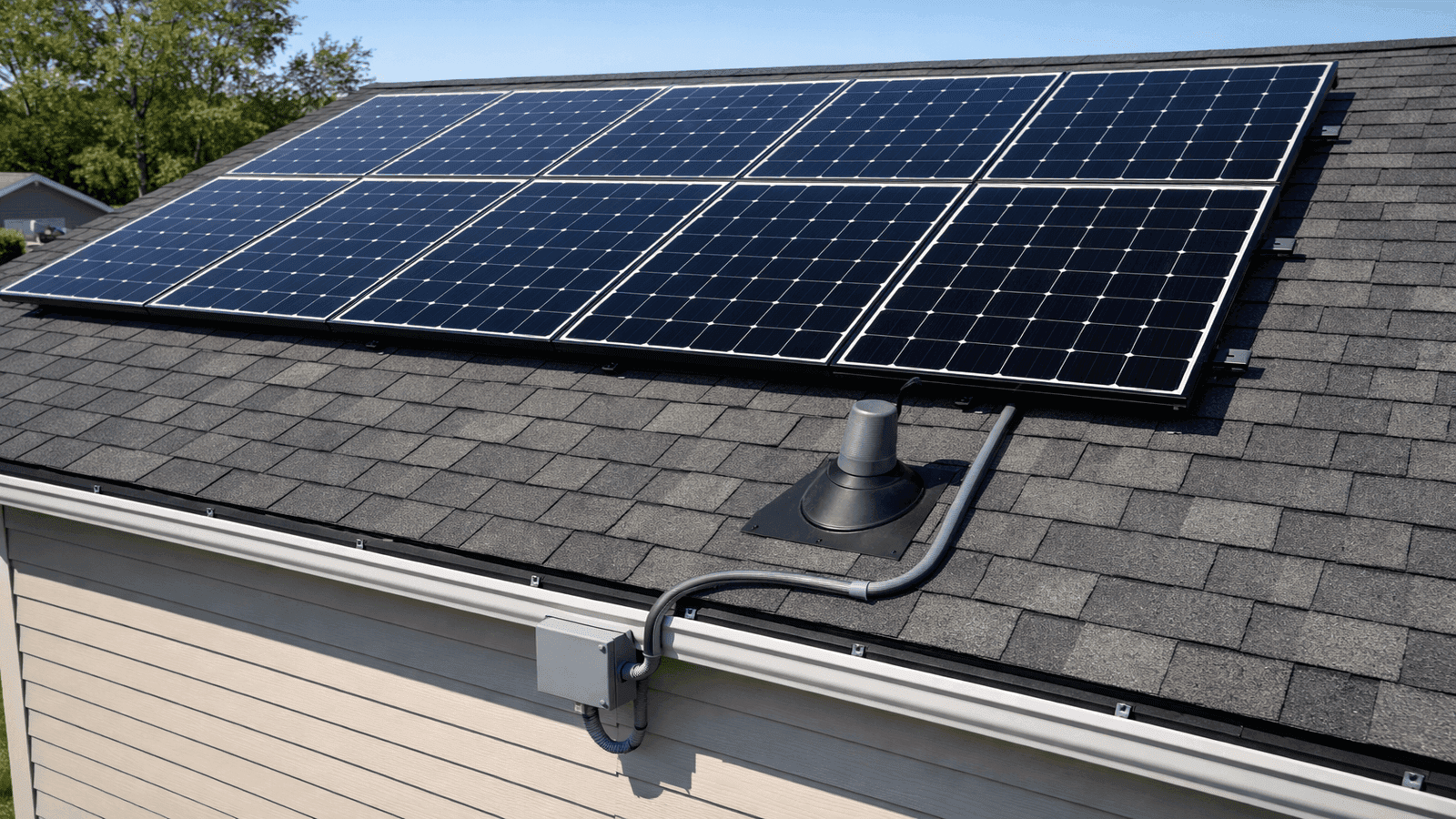 Aerial view of a completed residential rooftop solar installation showing the full array, neat conduit routing from the lower array edge, and a properly flashed pipe boot at the conduit roof penetration point near the eave.