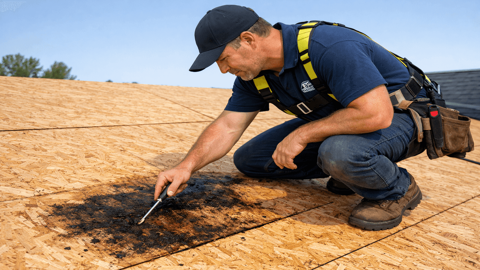 Licensed roofing contractor probing a soft, moisture-stained section of OSB roof decking with a screwdriver during a tear-off to identify damaged panels that must be replaced before re-roofing.