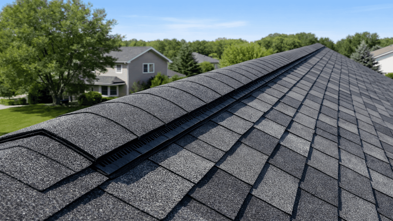 Completed ridge vent installation along a residential roof peak showing shingle-capped vent strip at the ridge line