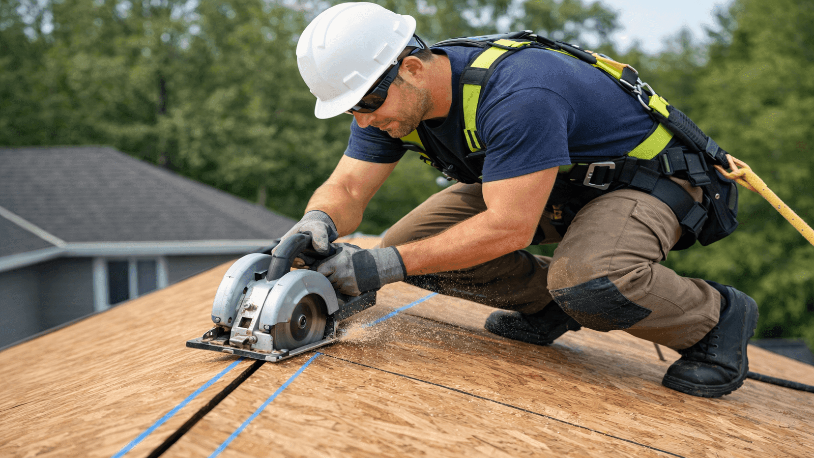 Roofing contractor cutting the ridge slot with a circular saw set to sheathing depth only with chalk line visible on both sides of the peak