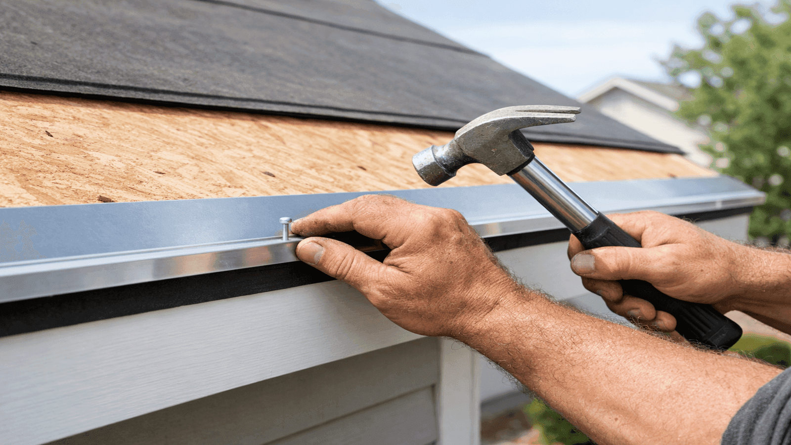 Licensed roofer installing aluminum drip edge along the eave of a residential roof before laying underlayment, showing proper L-shaped profile extending over the fascia board