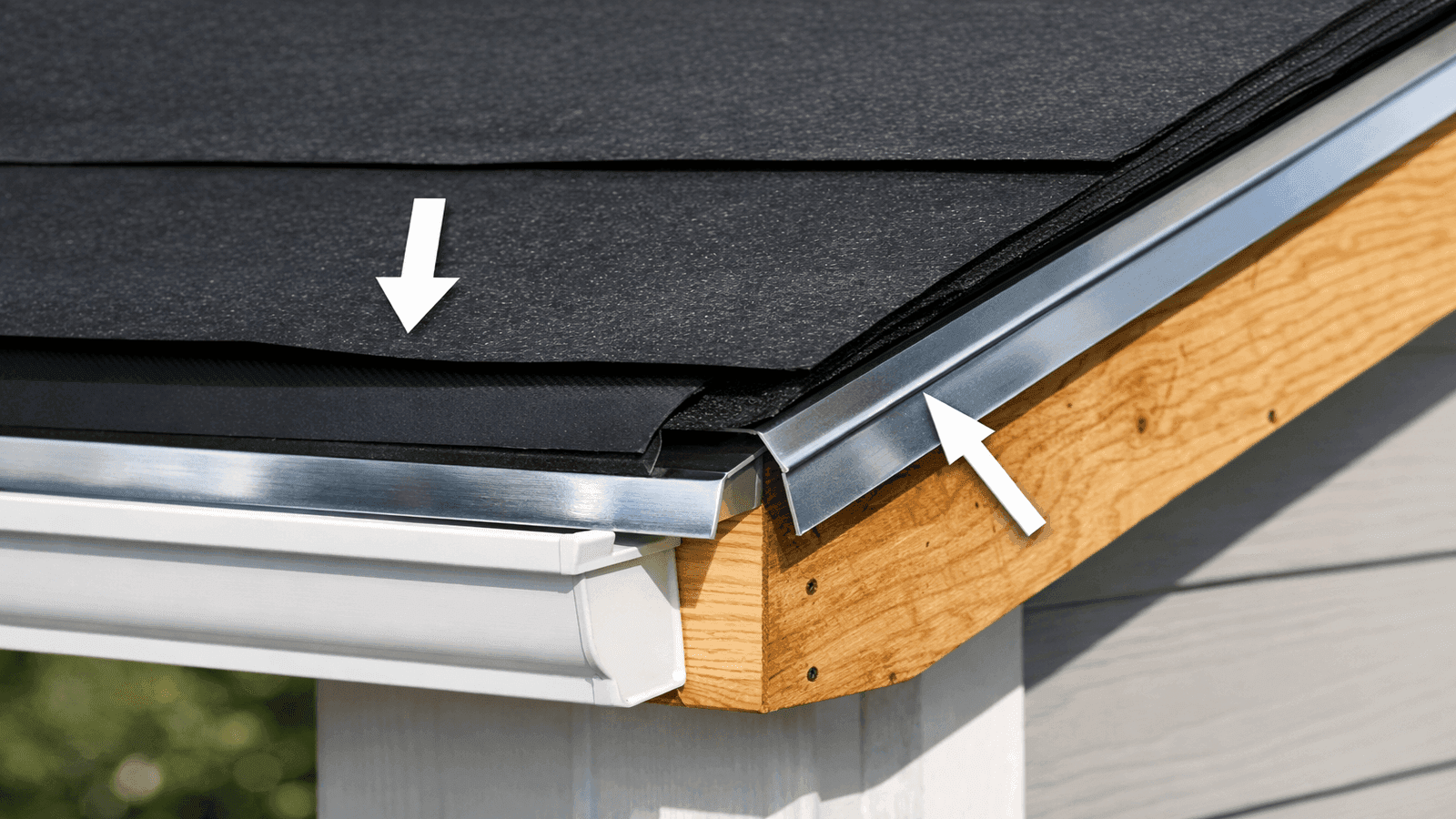 Roof edge showing correct installation sequence with underlayment over drip edge at the eave and drip edge over underlayment at the rake with water flow direction indicated