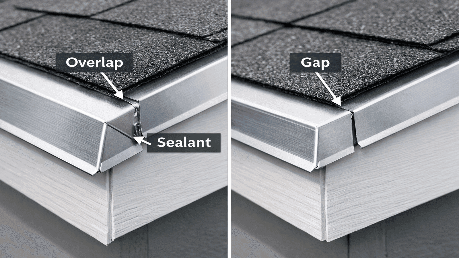 Comparison of correct drip edge corner with proper overlap versus incorrect butt joint corner showing gap at the roof edge where eave and rake meet
