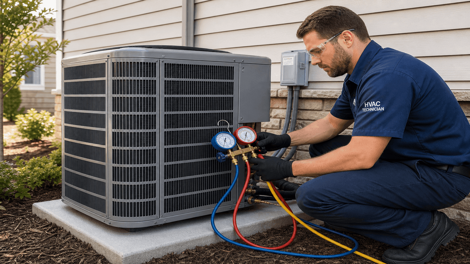 HVAC technician in uniform connecting refrigerant lines to a new outdoor AC condenser unit on a concrete pad next to a residential home