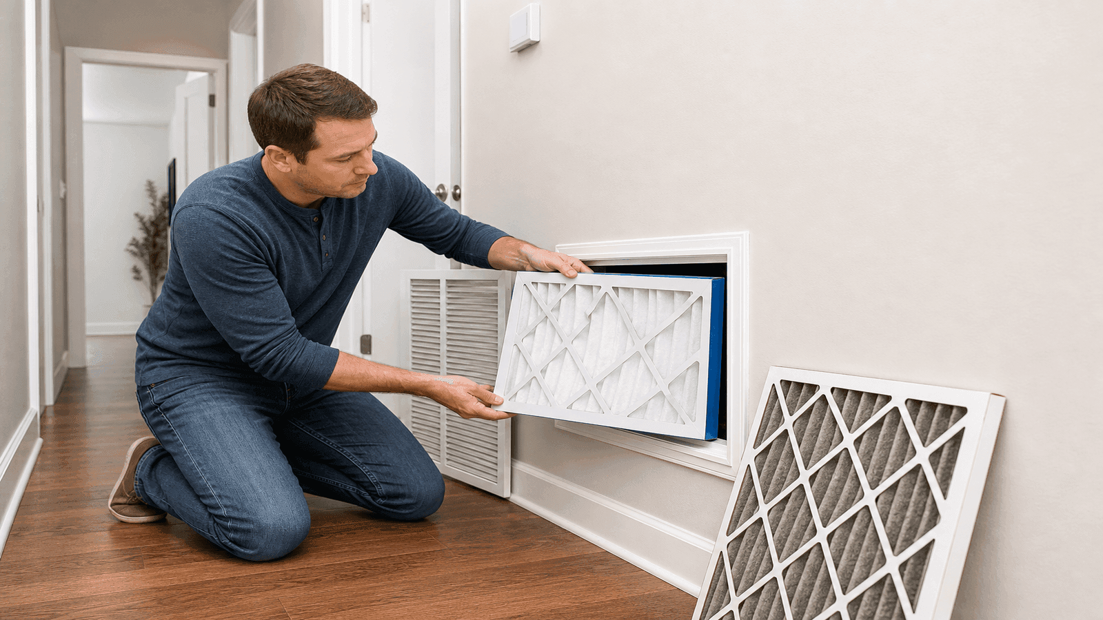 Homeowner changing an HVAC air filter in the return vent of a residential hallway